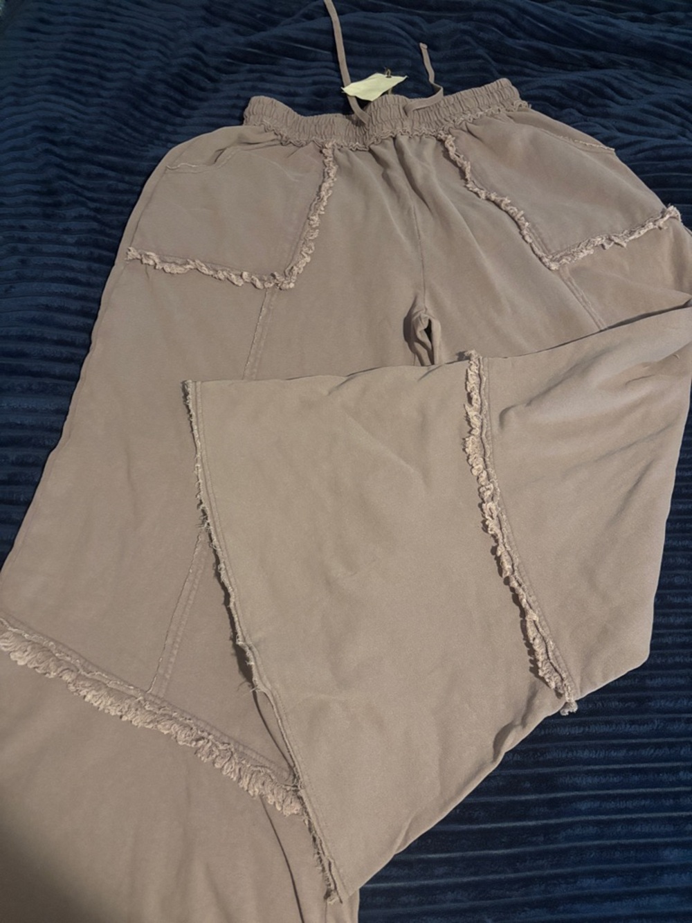 EASEL Frayed Trim Wide-Leg Lounge Pants in Taupe